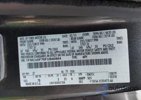 2015 Ford Escape S из США, поврежденный, VIN 1FMCU0F76FUB40864